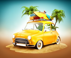 Funny,Retro,Car,With,Surfboard,And,Suitcases,On,A,Beach